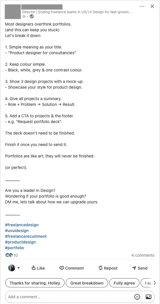 LinkedIn screenshot of common portfolio advice