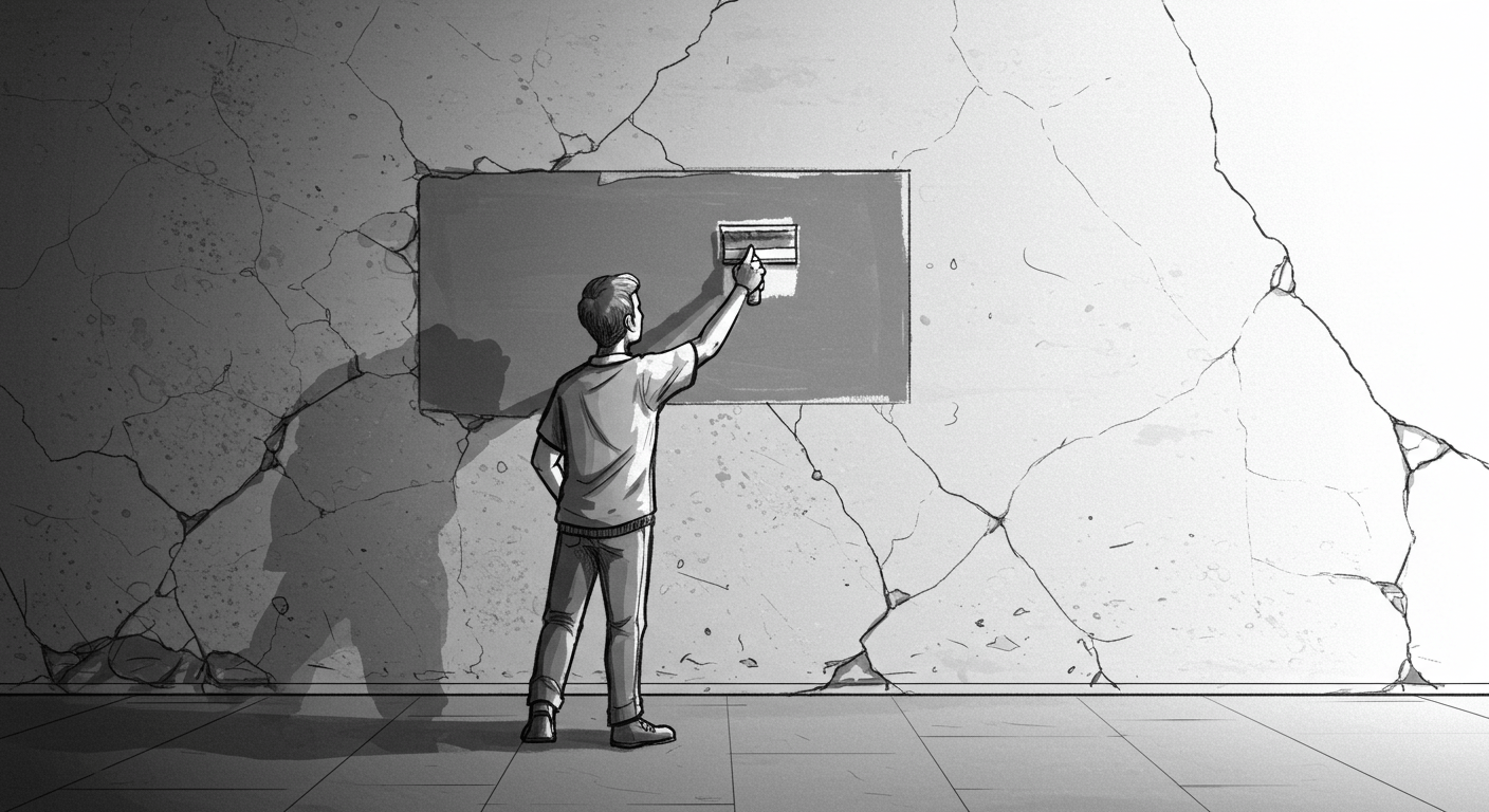 Person painting over a cracked UI panel